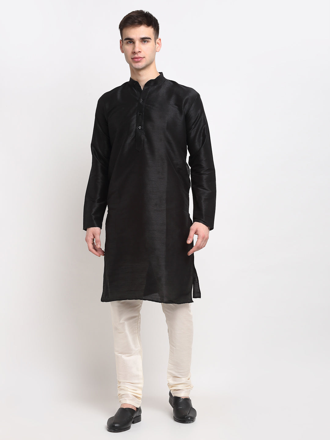 Jompers Men's Black Solid Dupion Silk Kurta Only | Swadesiicart