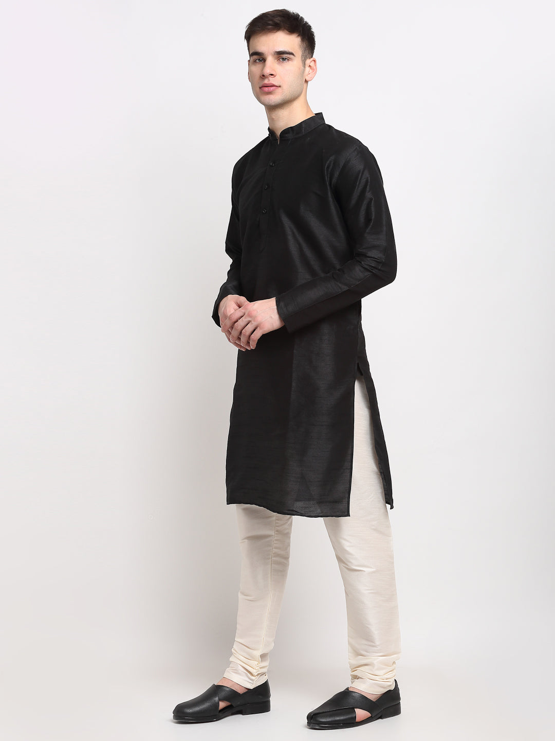 Jompers Men's Black Solid Dupion Silk Kurta Payjama Set | Swadesiicart