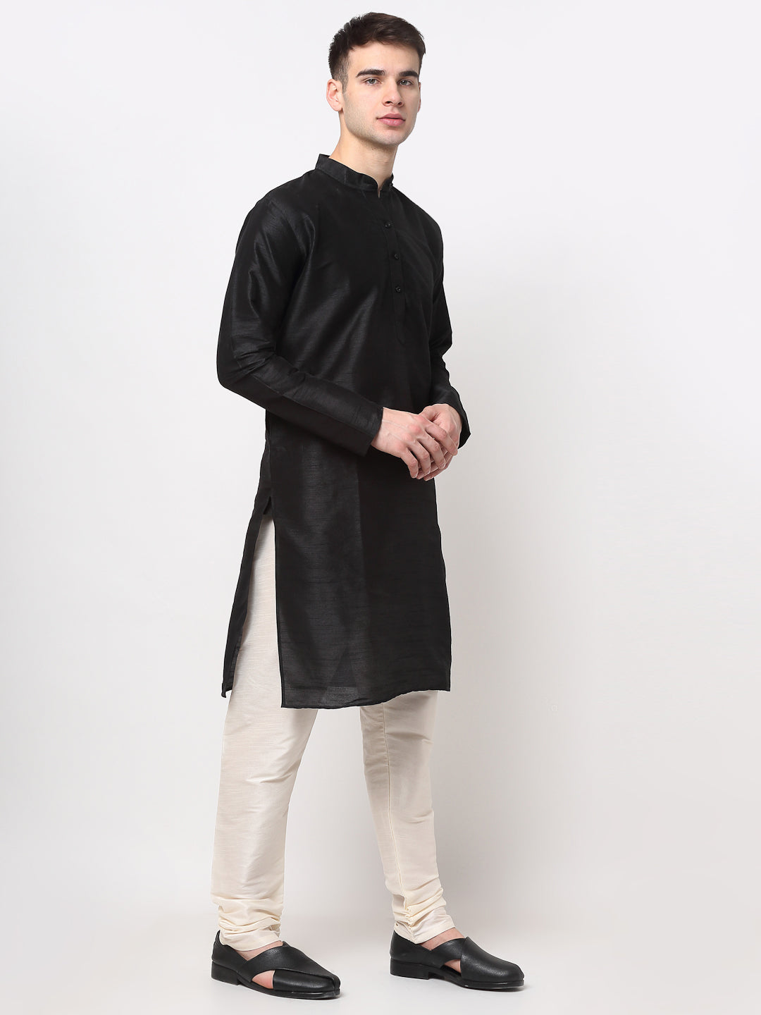 Jompers Men's Black Solid Dupion Silk Kurta Only | Swadesiicart
