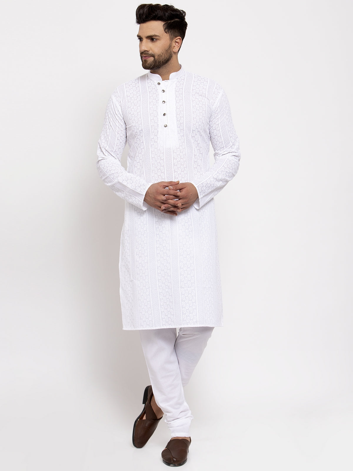 Jompers Men White Embroidered Kurta with Pyjamas | Swadesiicart