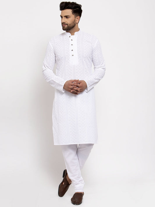 Jompers Men White Embroidered Kurta with Pyjamas | Swadesiicart