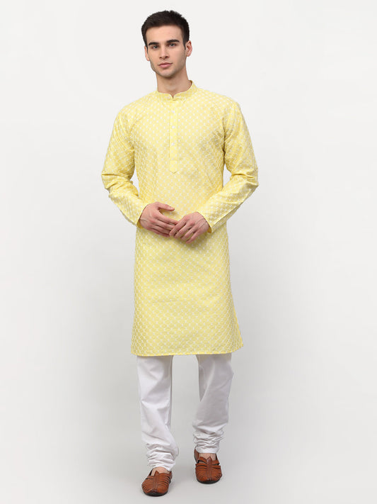 Jompers Men Yellow Chikankari Kurta with Churidar | Swadesiicart