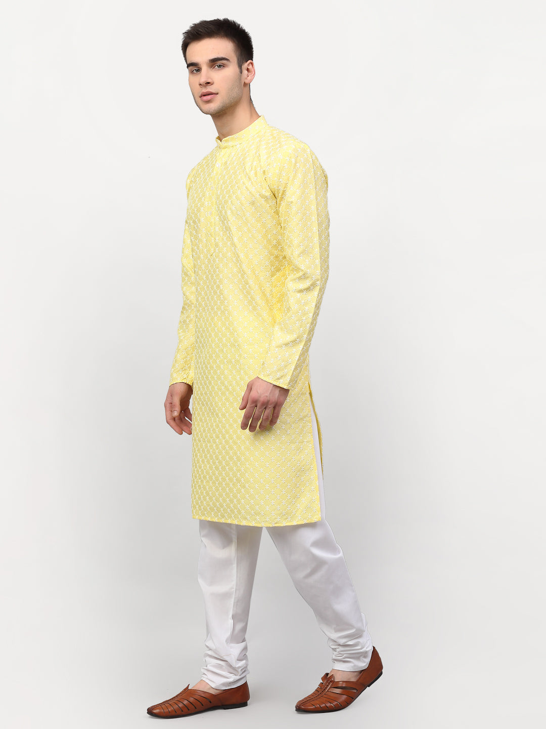 Jompers Men Yellow Chikankari Kurta with Churidar | Swadesiicart