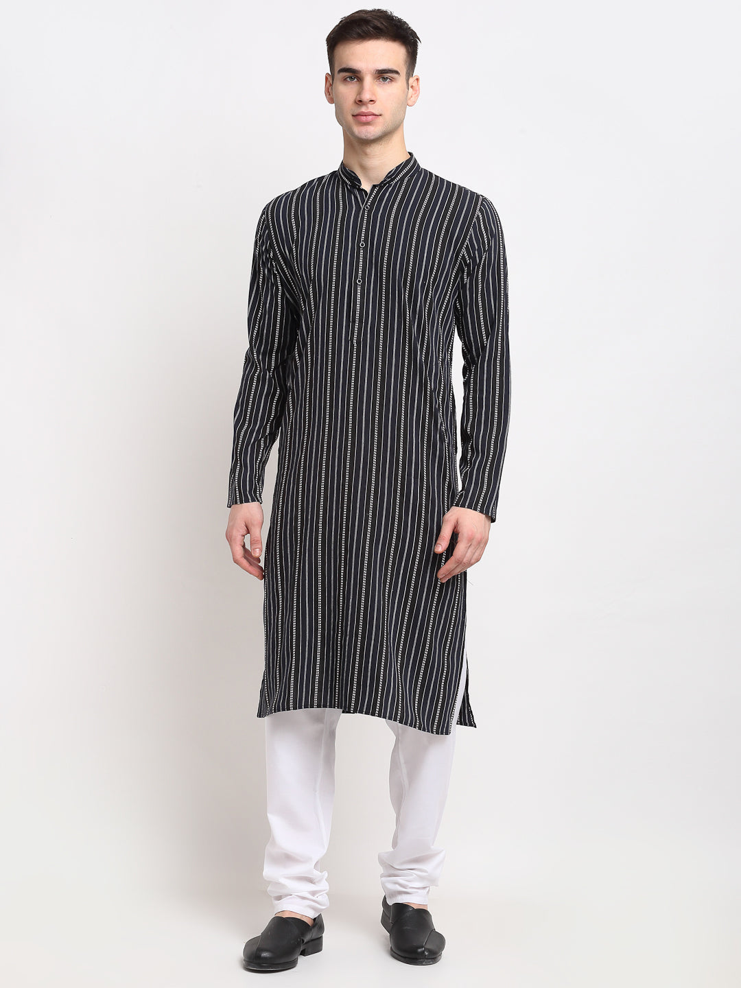 Jompers Men's Black Cotton Striped Kurta Only | Swadesiicart
