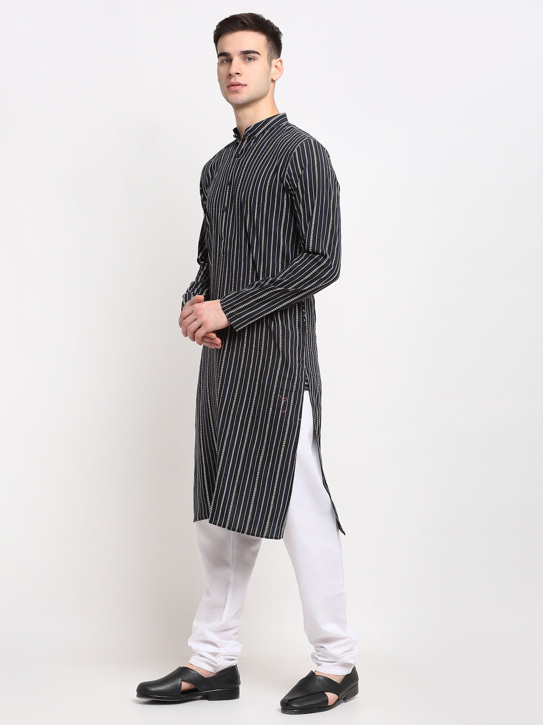 Jompers Men's Black Cotton Striped Kurta Payjama Sets | Swadesiicart