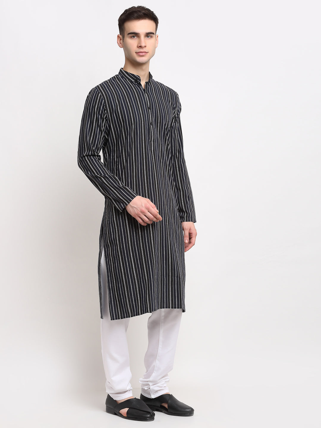 Jompers Men's Black Cotton Striped Kurta Payjama Sets | Swadesiicart