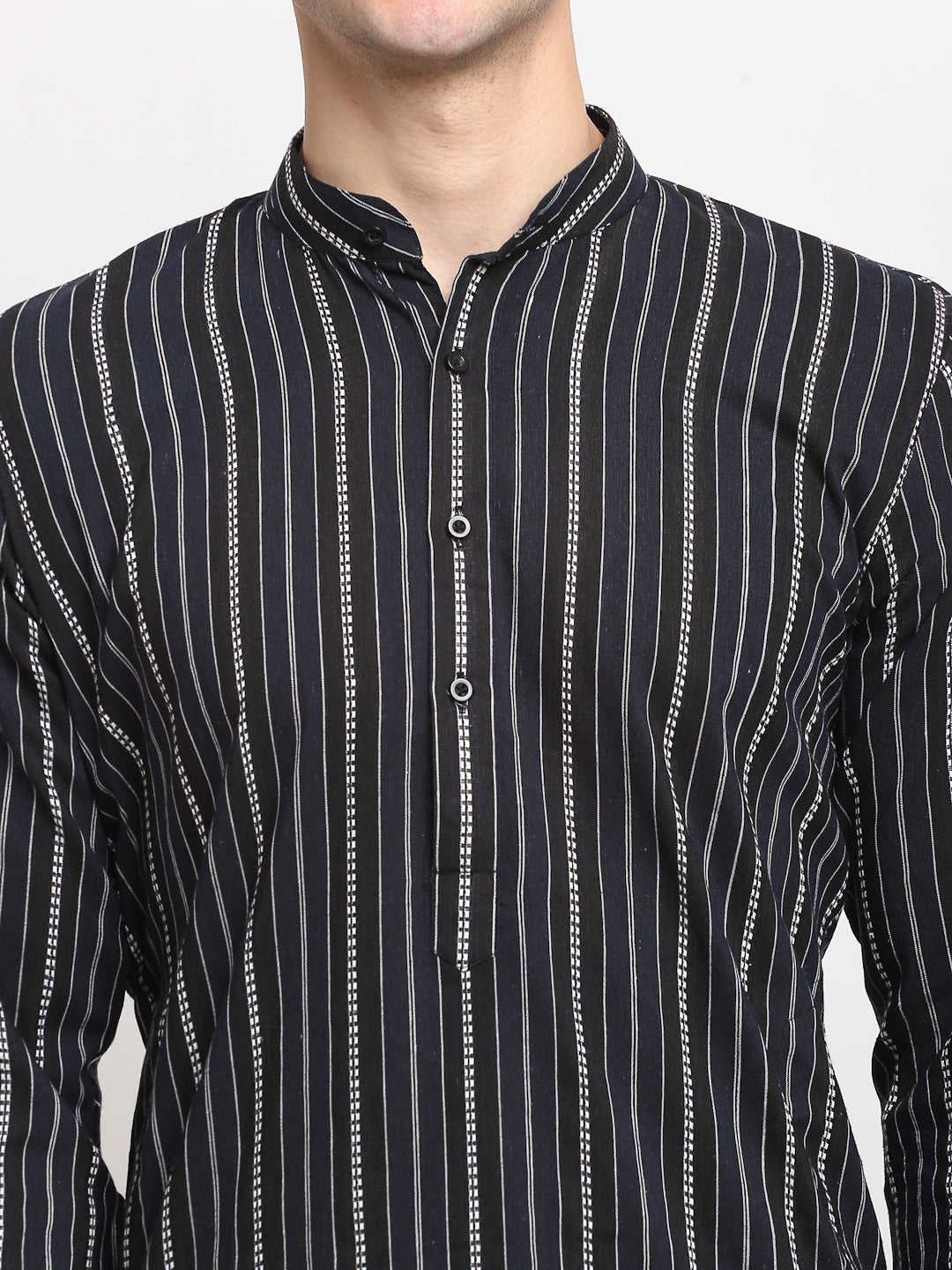Jompers Men's Black Cotton Striped Kurta Payjama Sets | Swadesiicart