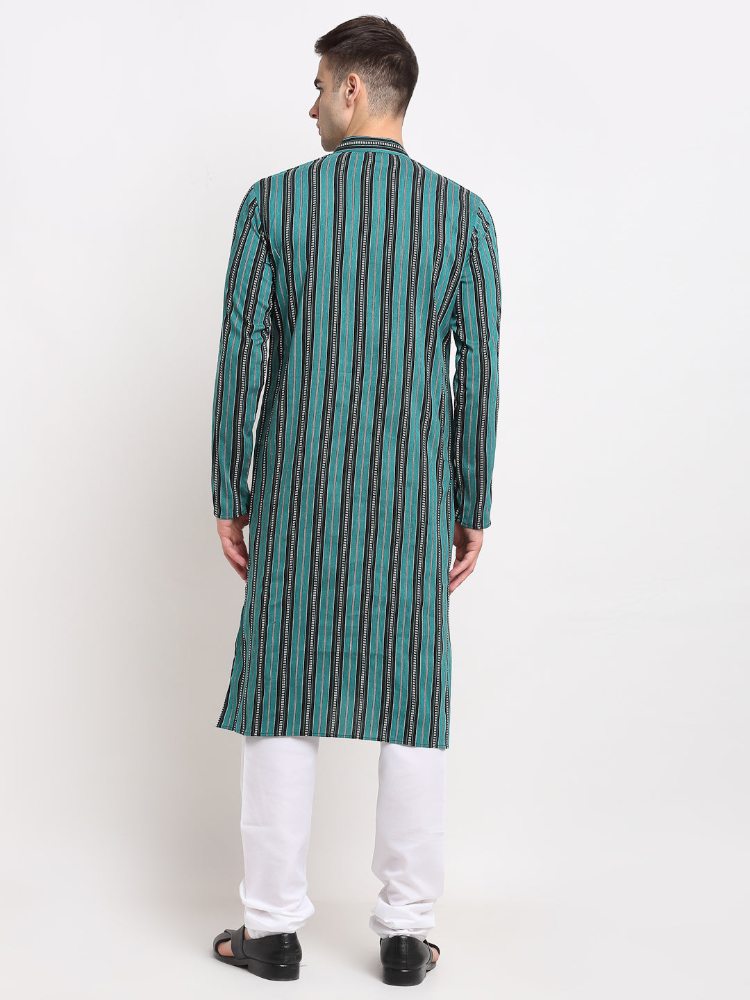 Jompers Men's Green Cotton Striped Kurta Payjama Sets | Swadesiicart