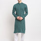 Jompers Men's Green Cotton Striped Kurta Payjama Sets | Swadesiicart