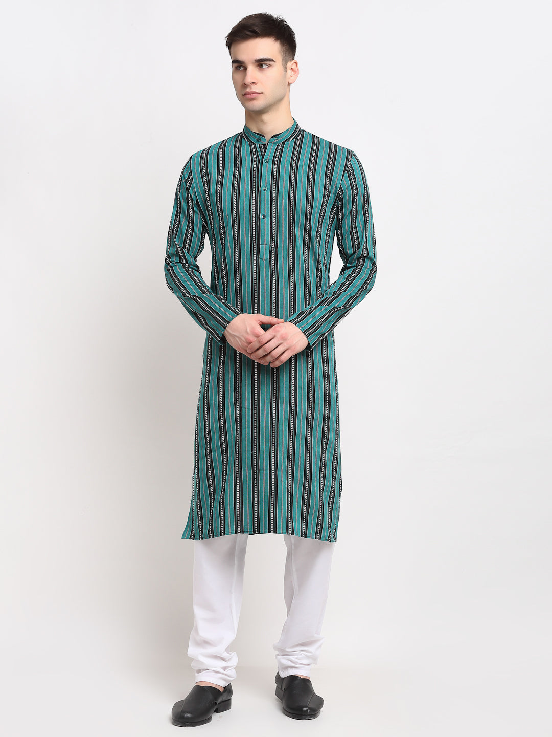 Jompers Men's Green Cotton Striped Kurta Only | Swadesiicart