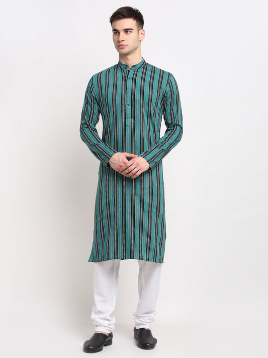Jompers Men's Green Cotton Striped Kurta Payjama Sets | Swadesiicart
