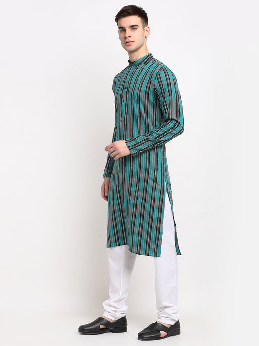 Jompers Men's Green Cotton Striped Kurta Payjama Sets | Swadesiicart
