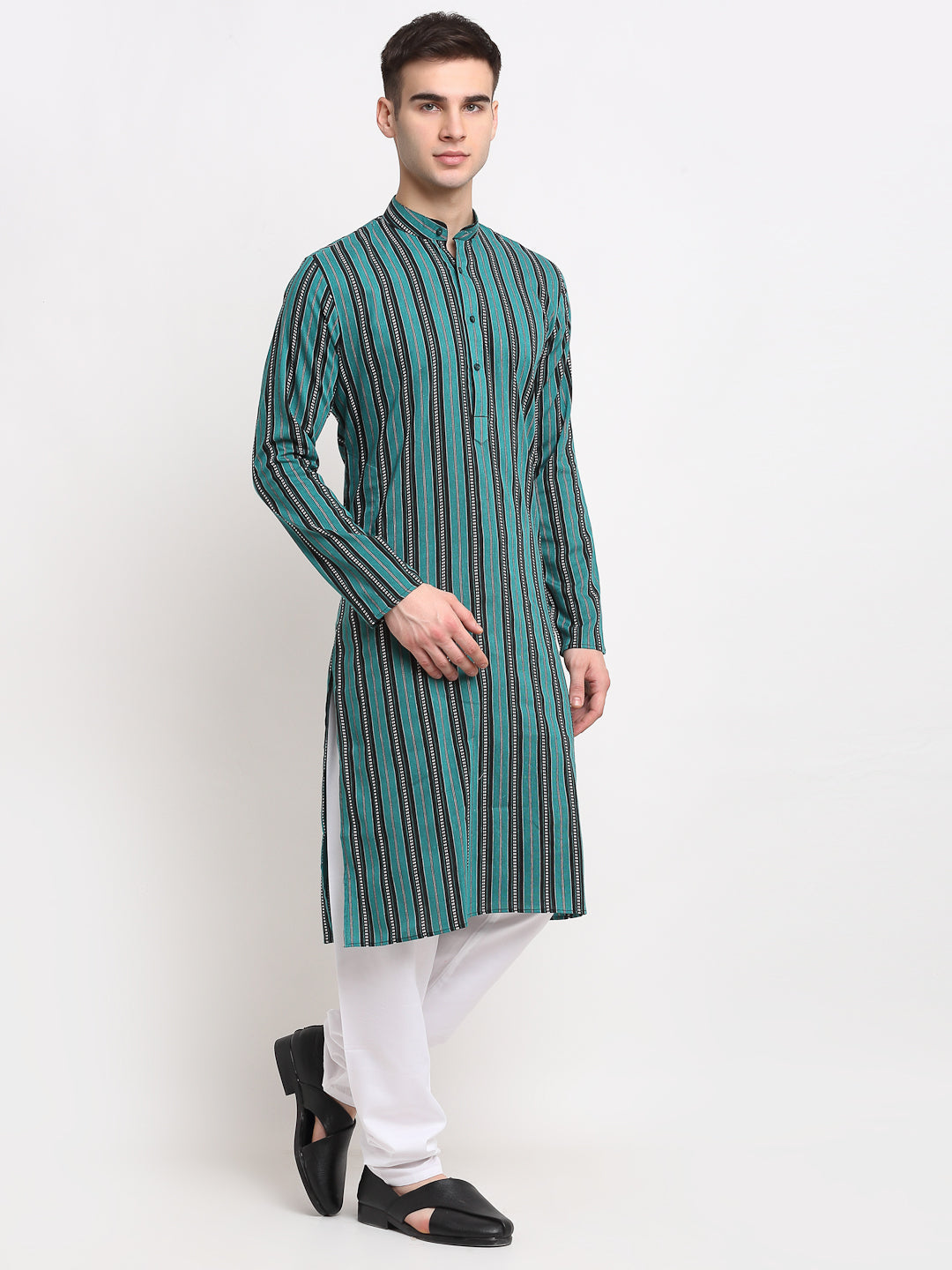 Jompers Men's Green Cotton Striped Kurta Only | Swadesiicart