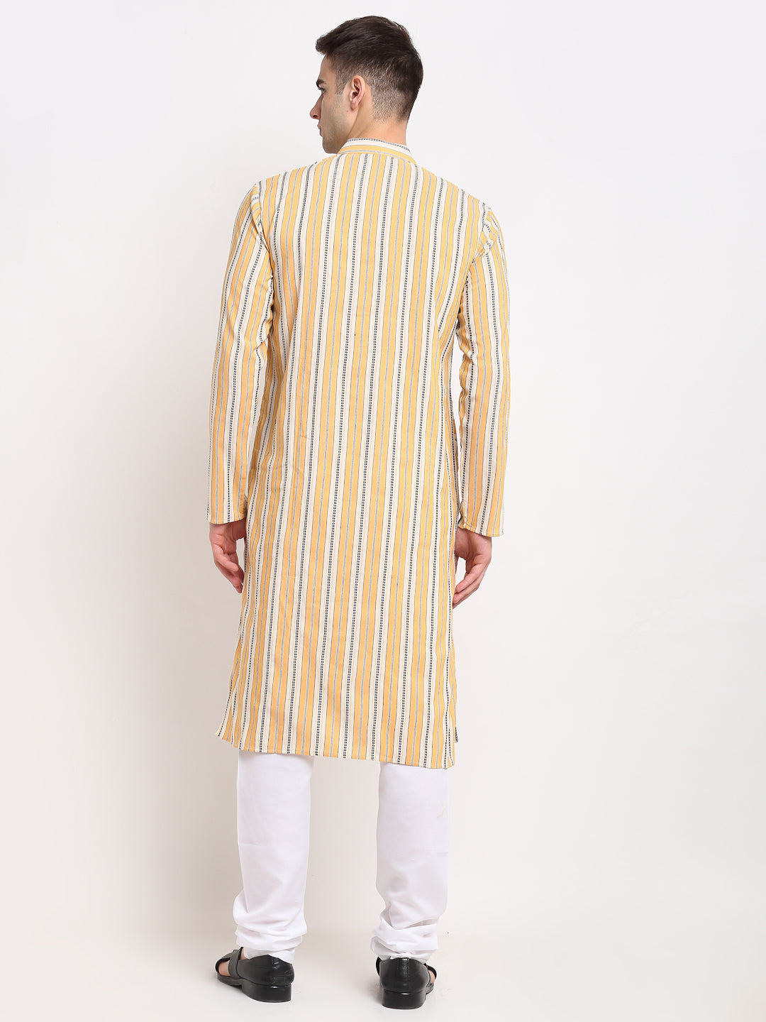 Jompers Men's Yellow Cotton Striped Kurta Payjama Sets | Swadesiicart