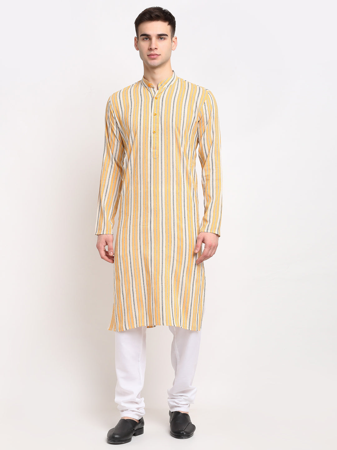 Jompers Men's Yellow Cotton Striped Kurta Payjama Sets | Swadesiicart