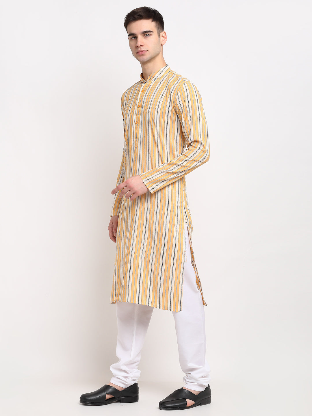 Jompers Men's Yellow Cotton Striped Kurta Payjama Sets | Swadesiicart