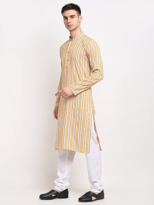 Jompers Men's Yellow Cotton Striped Kurta Payjama Sets | Swadesiicart