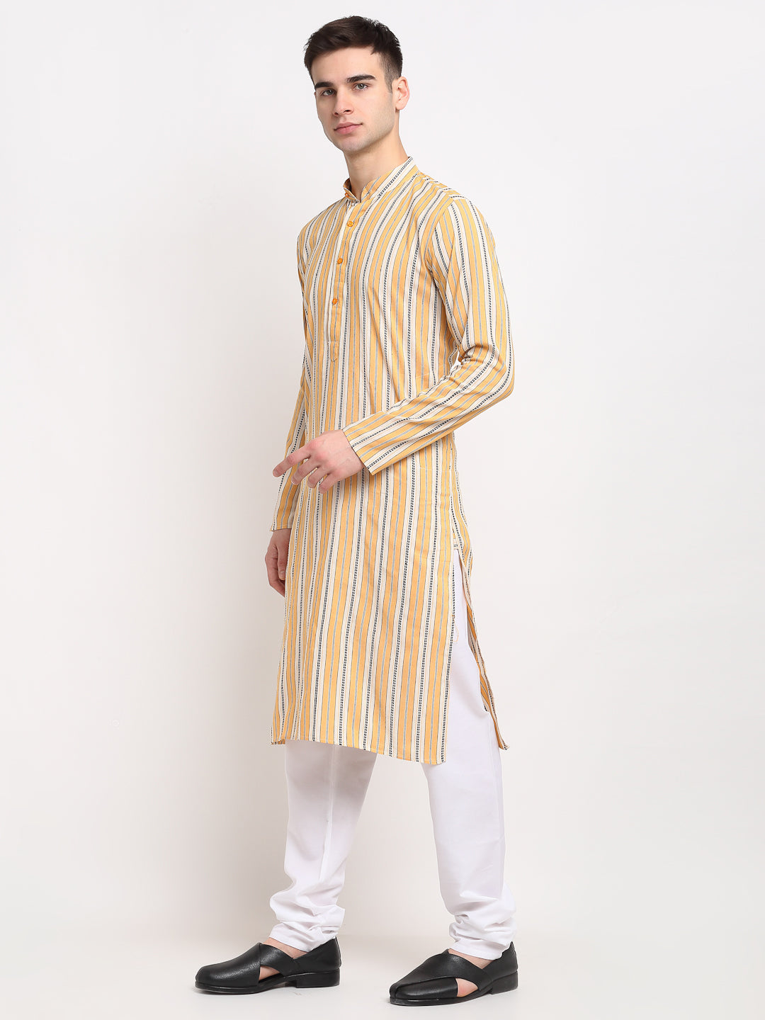 Jompers Men's Yellow Cotton Striped Kurta Only | Swadesiicart