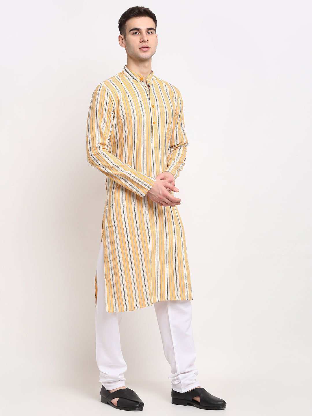 Jompers Men's Yellow Cotton Striped Kurta Only | Swadesiicart