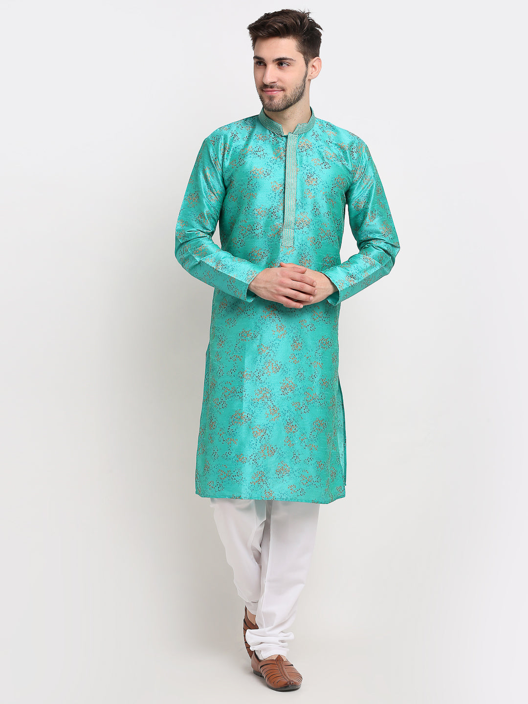Jompers Men's Green Dupion Printed Kurta Only | Swadesiicart