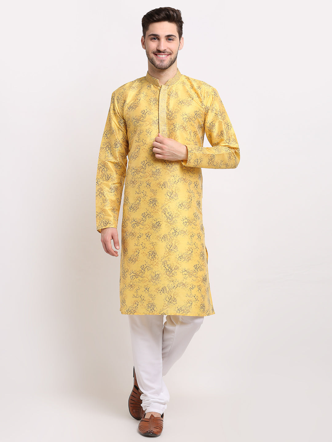 Jompers Men's Yellow Dupion Printed Kurta Only | Swadesiicart