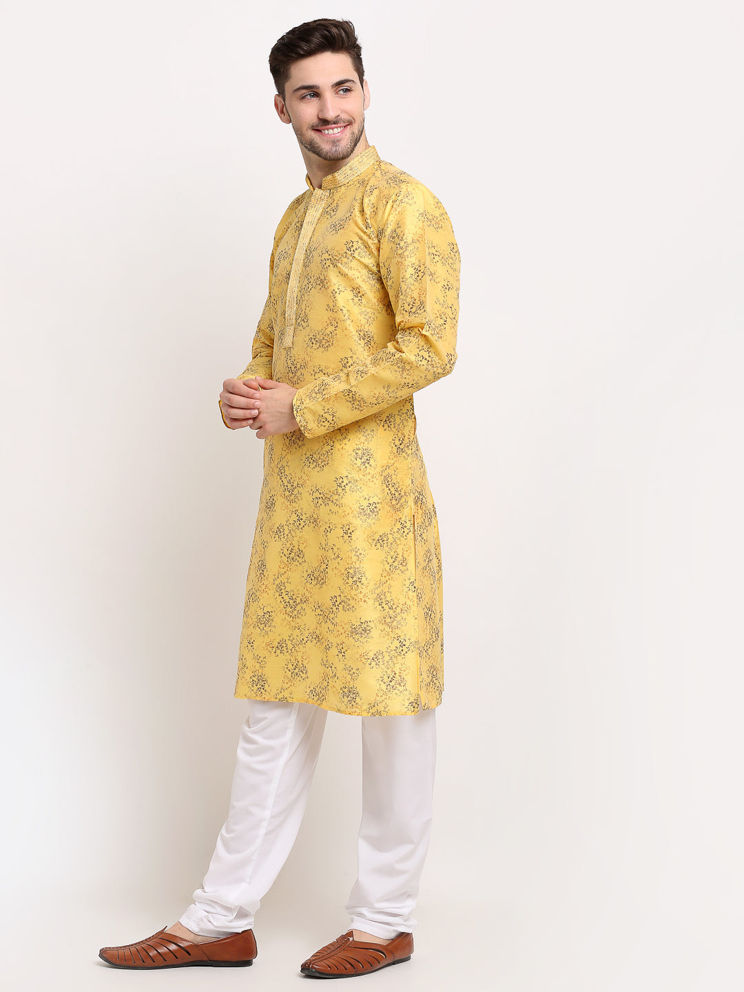 Jompers Men's Yellow Dupion Printed Kurta Payjama Sets | Swadesiicart