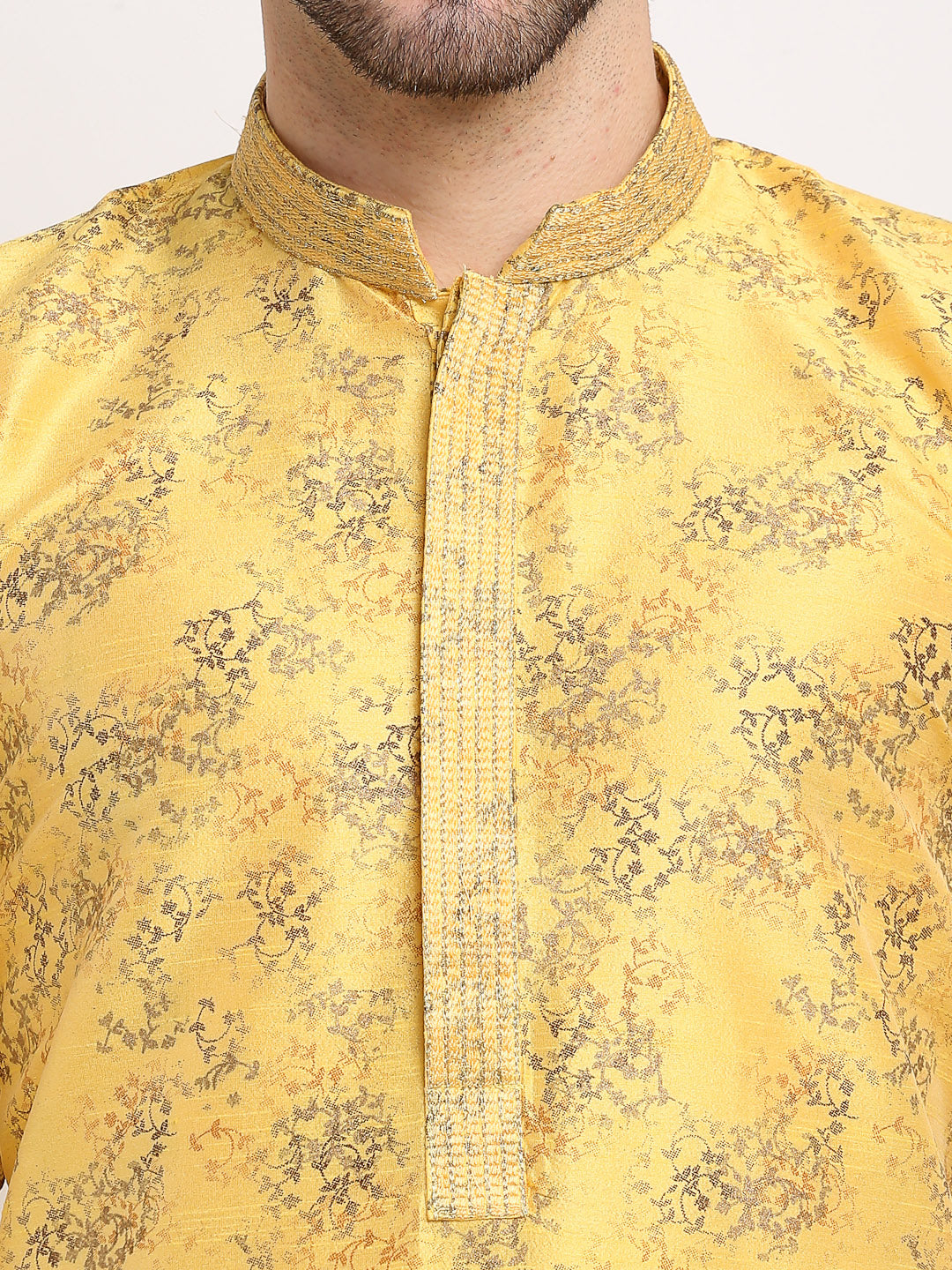 Jompers Men's Yellow Dupion Printed Kurta Only | Swadesiicart