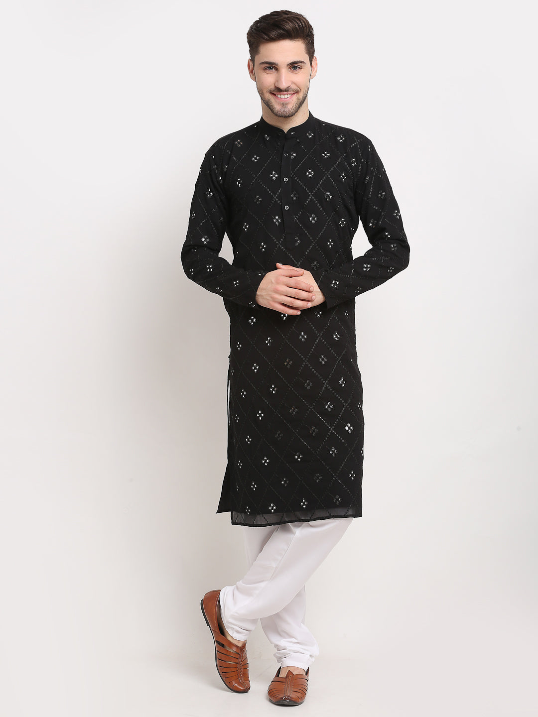 Jompers Men's Black Printed Mirror Kurta Payjama Sets | Swadesiicart