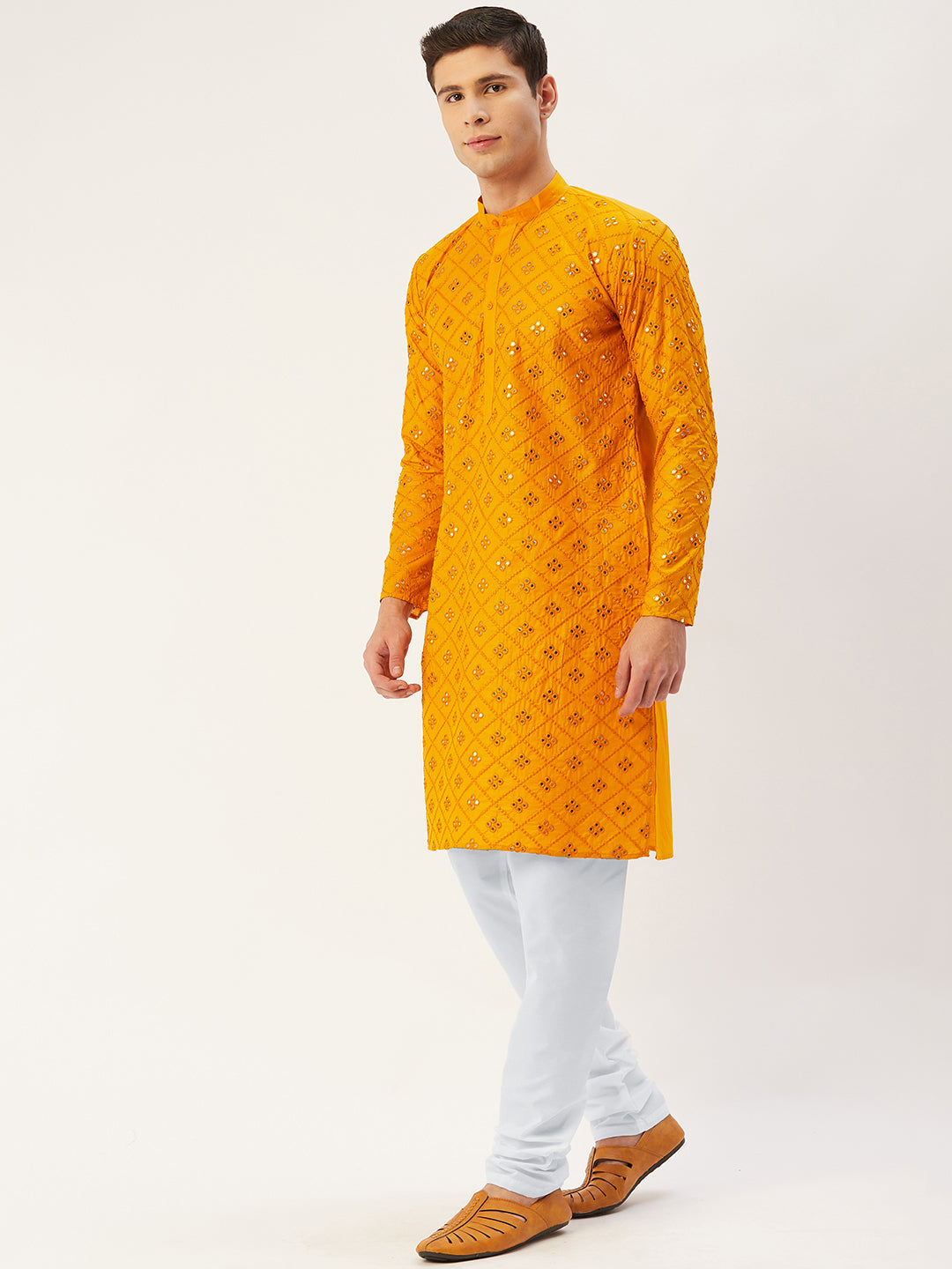 Jompers Men's Yellow Embroidered Mirror Work Kurta Only | Swadesiicart
