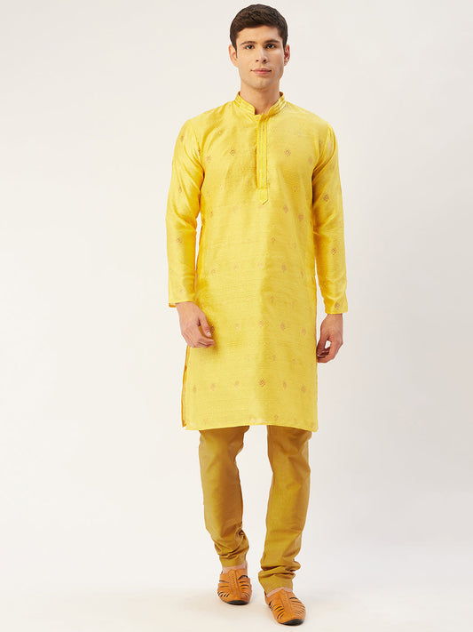 Jompers Men's Yellow Coller Embroidered Woven Design Kurta Pyjama | Swadesiicart