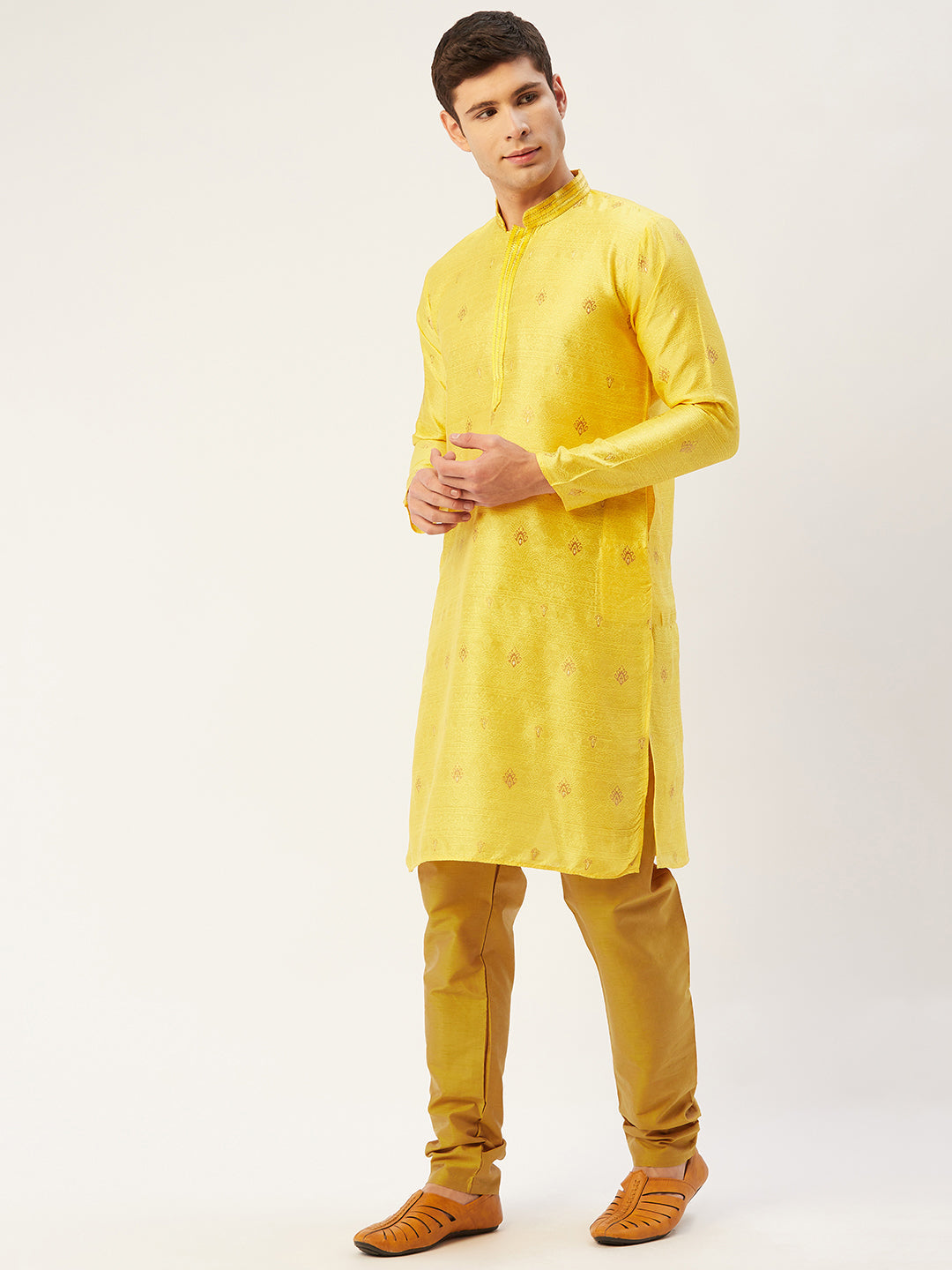 Jompers Men's Yellow Coller Embroidered Woven Design Kurta Only | Swadesiicart
