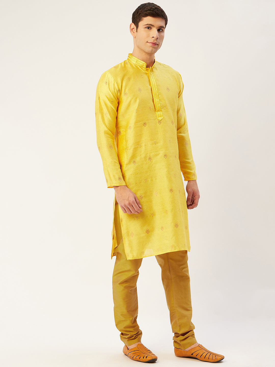 Jompers Men's Yellow Coller Embroidered Woven Design Kurta Only | Swadesiicart