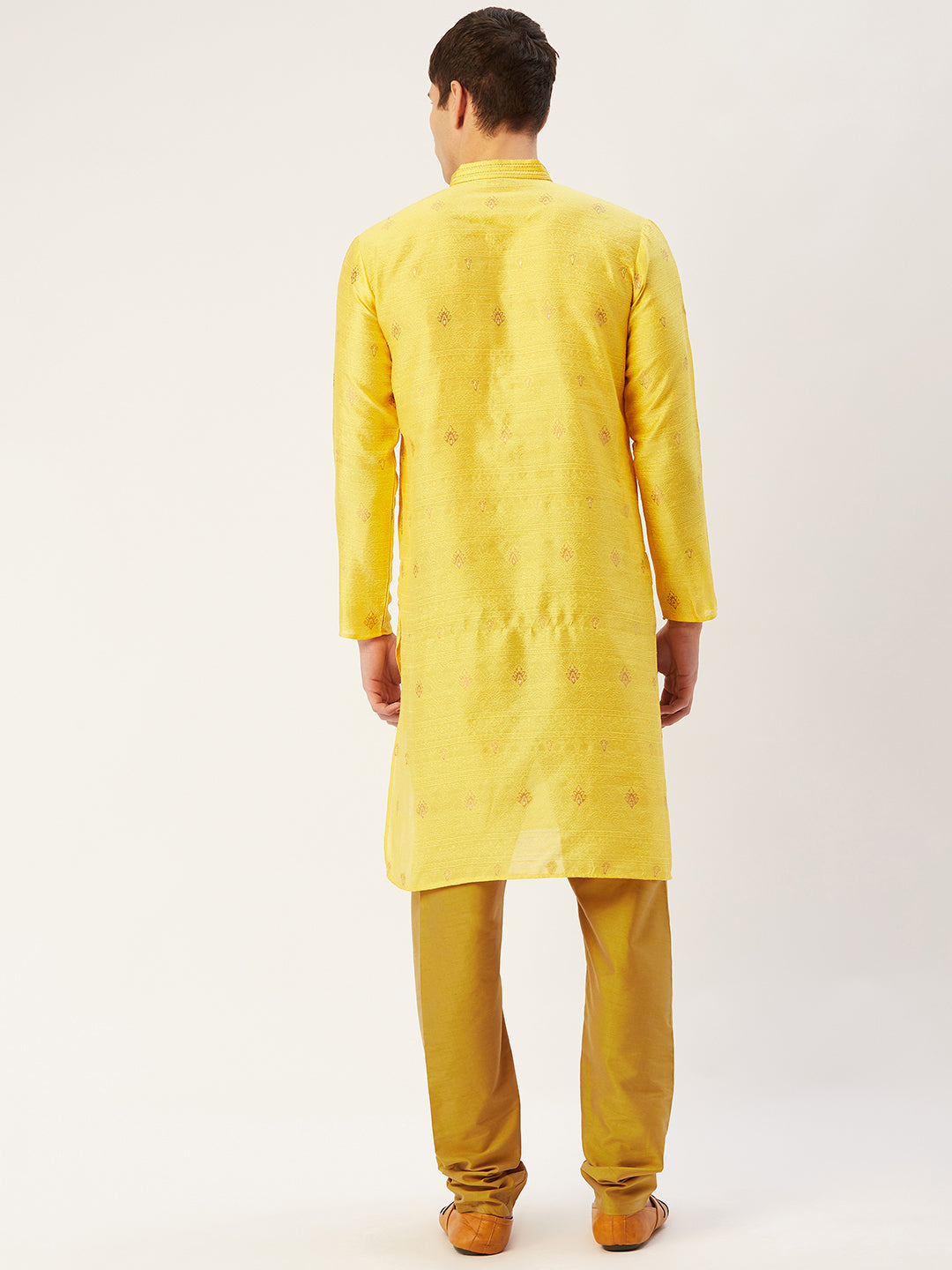 Jompers Men's Yellow Coller Embroidered Woven Design Kurta Only | Swadesiicart