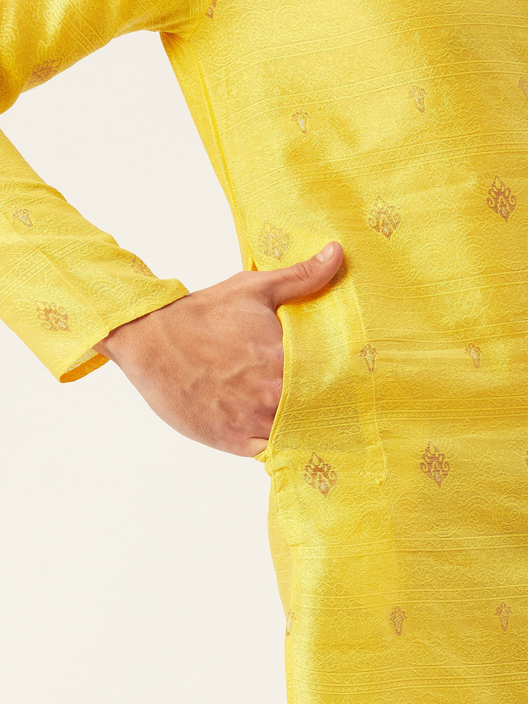 Jompers Men's Yellow Coller Embroidered Woven Design Kurta Pyjama | Swadesiicart