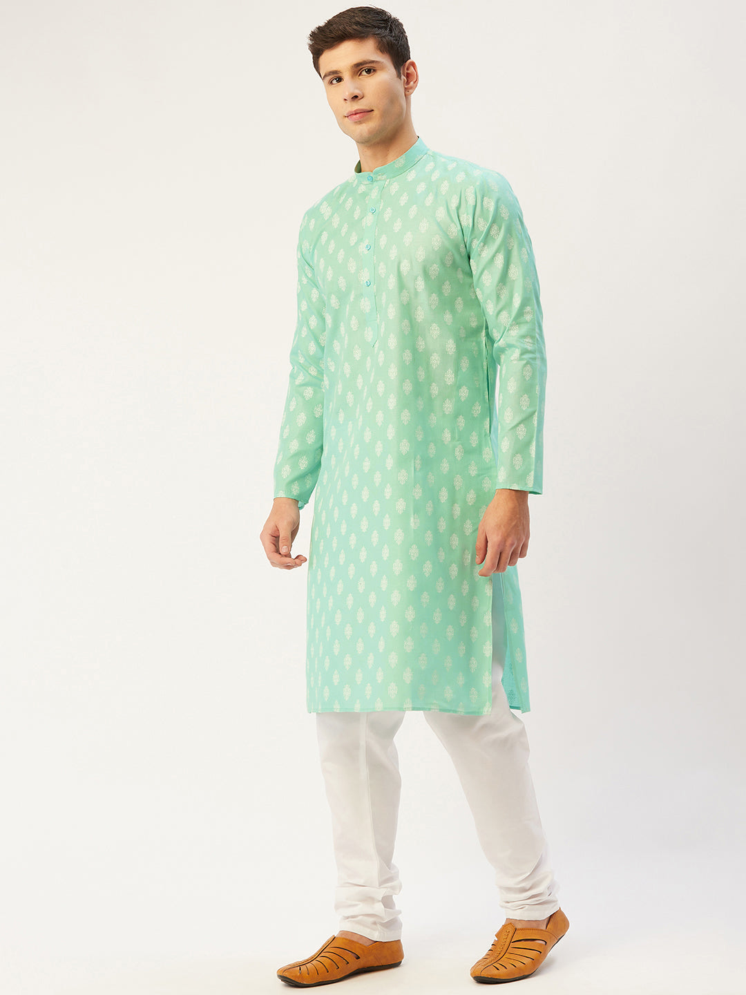 Jompers Men's Green Cotton Floral Printed kurta Pyjama Set | Swadesiicart