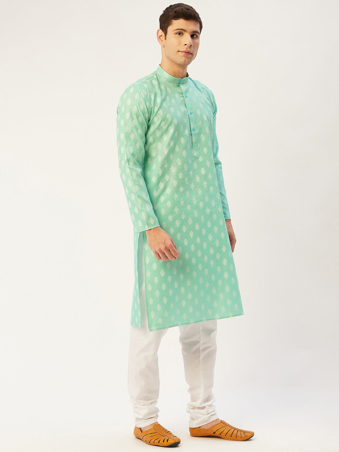 Jompers Men's Green Cotton Floral printed kurta Only | Swadesiicart
