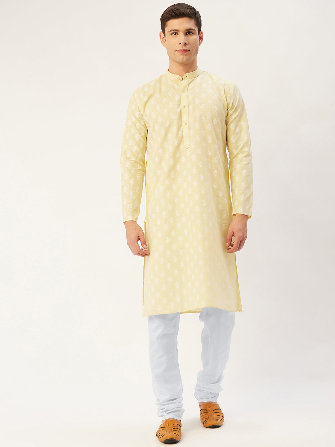 Jompers Men's Yellow Cotton Floral printed kurta Only | Swadesiicart
