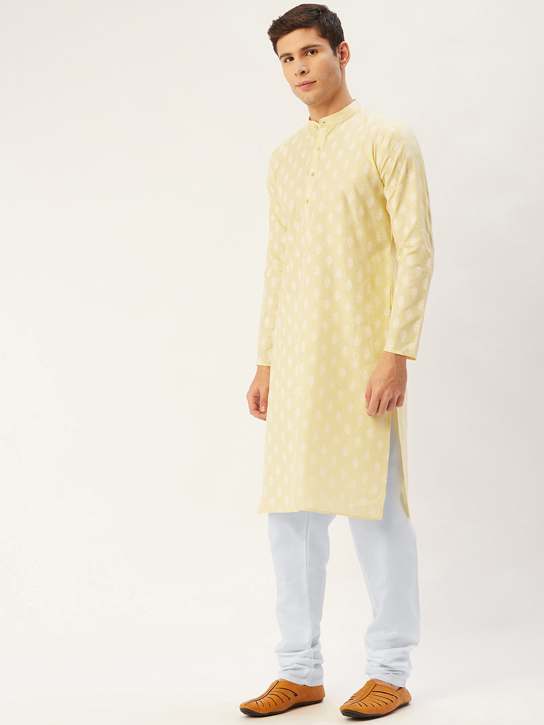 Jompers Men's Yellow Cotton Floral printed kurta Pyjama Set | Swadesiicart
