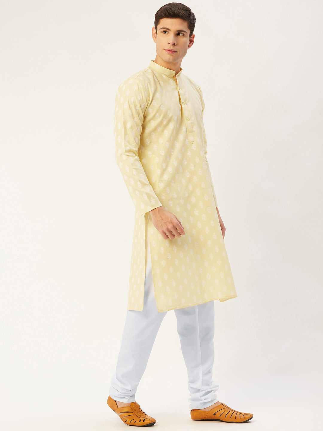 Jompers Men's Yellow Cotton Floral printed kurta Only | Swadesiicart