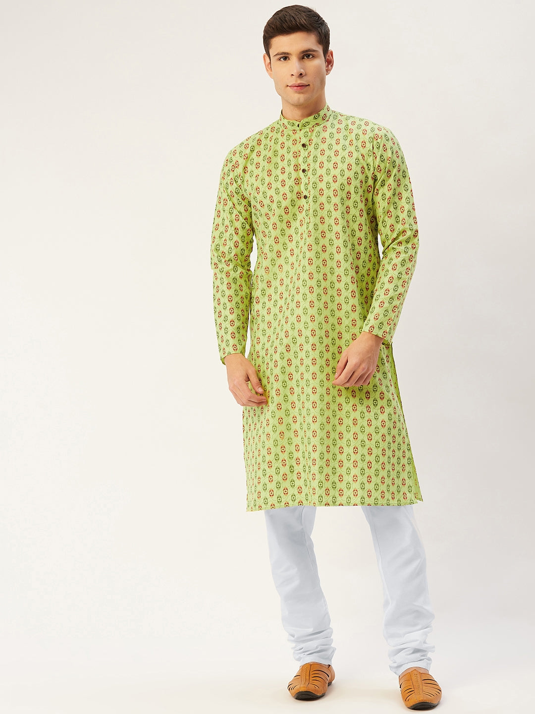 Jompers Men's Green Cotton Ikat printed kurta Pyjama Set | Swadesiicart