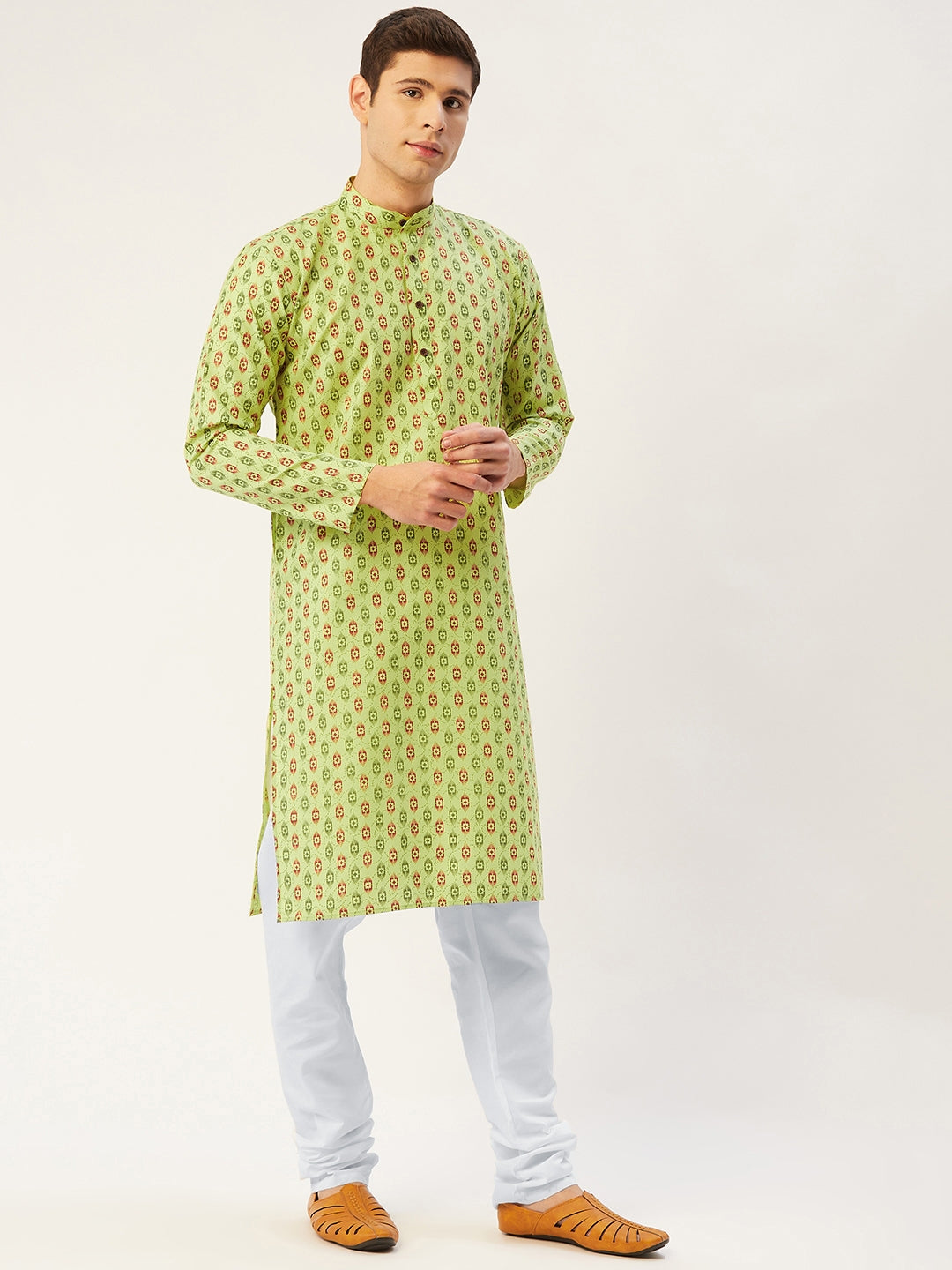 Jompers Men's Green Cotton Ikat printed kurta Pyjama Set | Swadesiicart