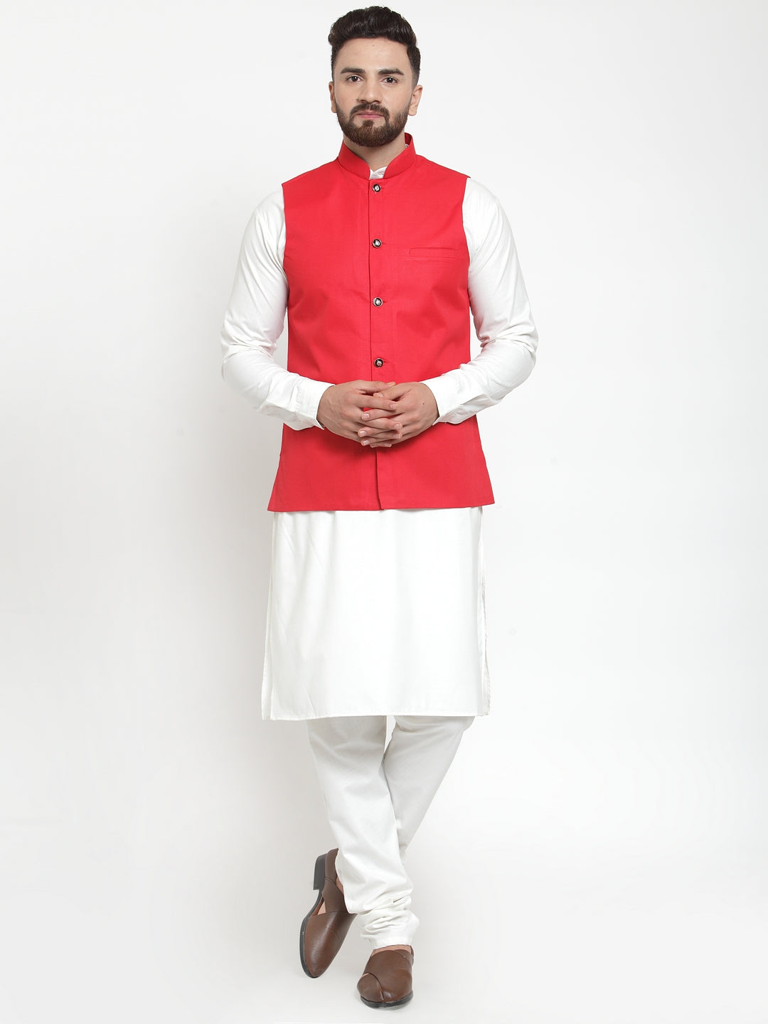 Jompers Men's Solid Kurta Pajama with Solid Red Waistcoat | Swadesiicart