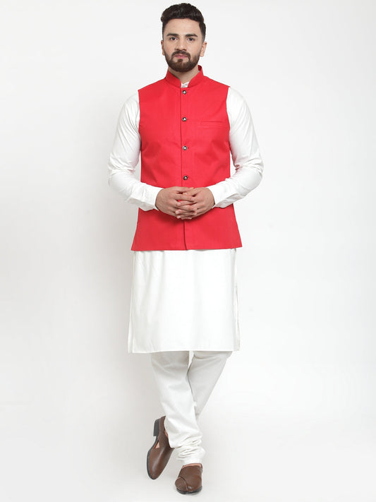Jompers Men's Solid Kurta Pajama with Solid Red Waistcoat | Swadesiicart