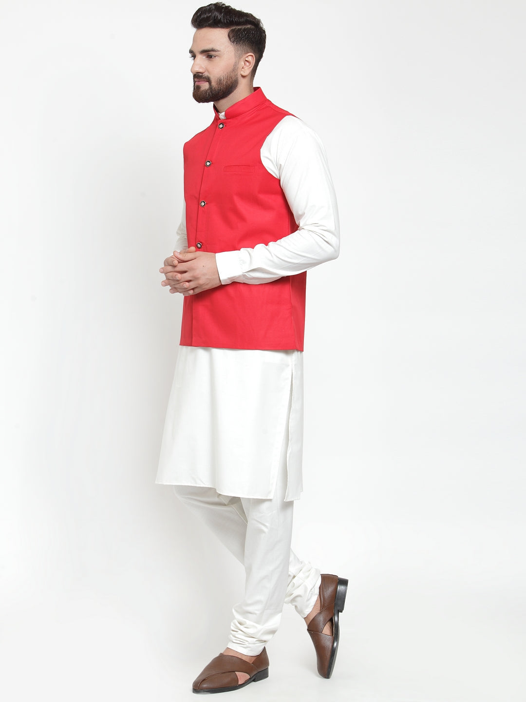 Jompers Men's Solid Kurta Pajama with Solid Red Waistcoat | Swadesiicart