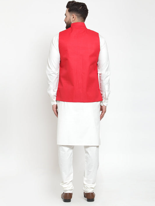 Jompers Men's Solid Kurta Pajama with Solid Red Waistcoat | Swadesiicart