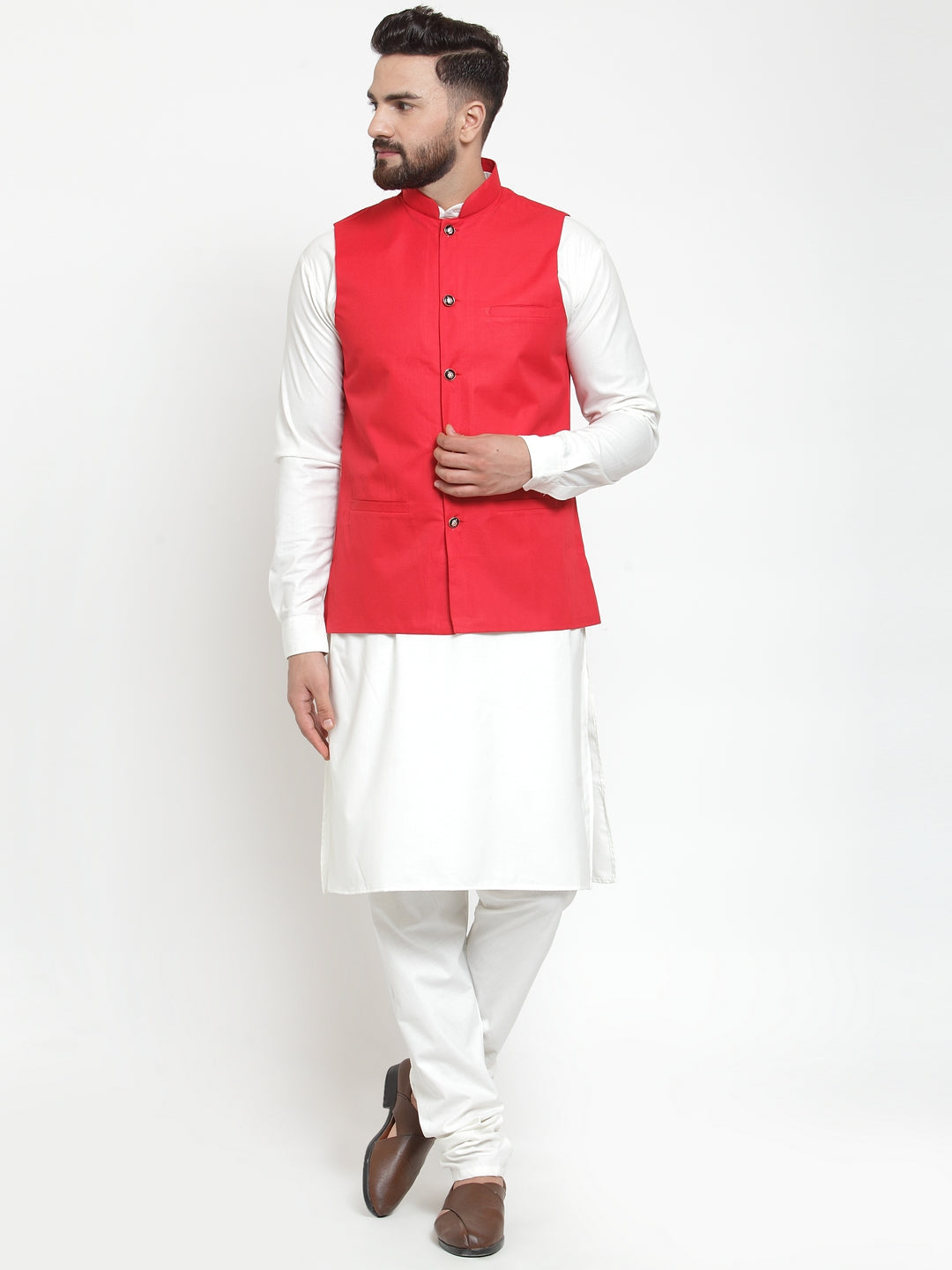 Jompers Men's Solid Kurta Pajama with Solid Red Waistcoat | Swadesiicart