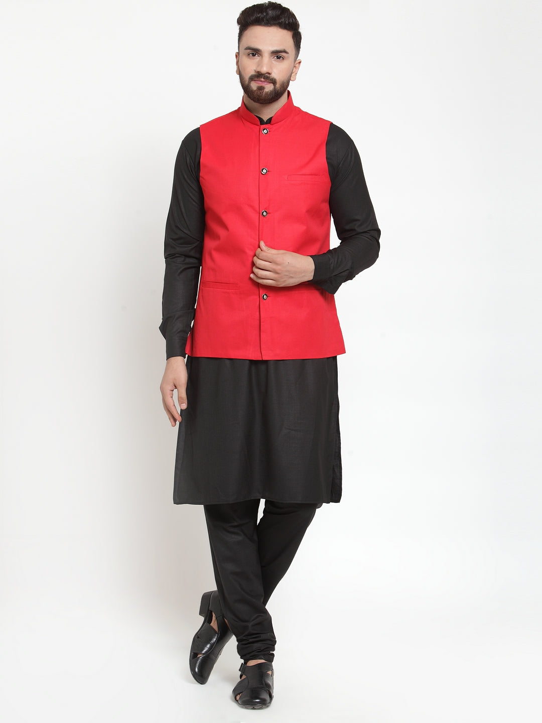 Jompers Men's Solid Kurta Pajama with Solid Waistcoat (Red) | Swadesiicart
