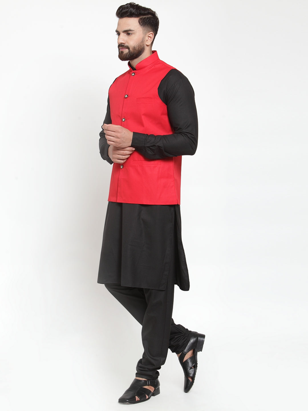 Jompers Men's Solid Kurta Pajama with Solid Waistcoat (Red) | Swadesiicart