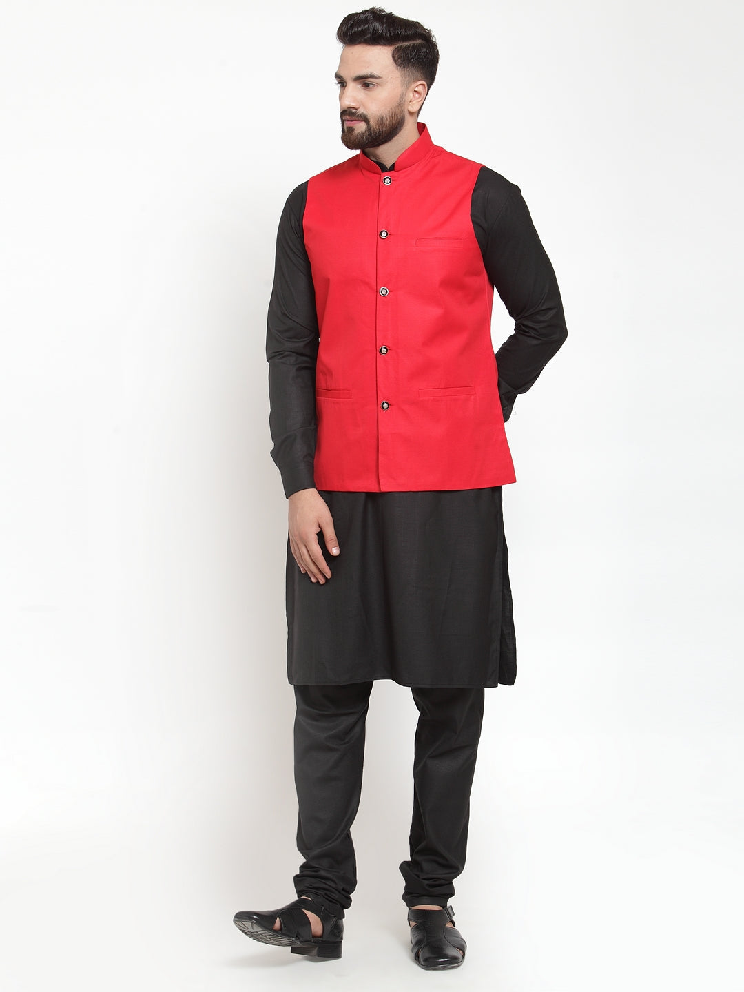 Jompers Men's Solid Kurta Pajama with Solid Waistcoat (Red) | Swadesiicart