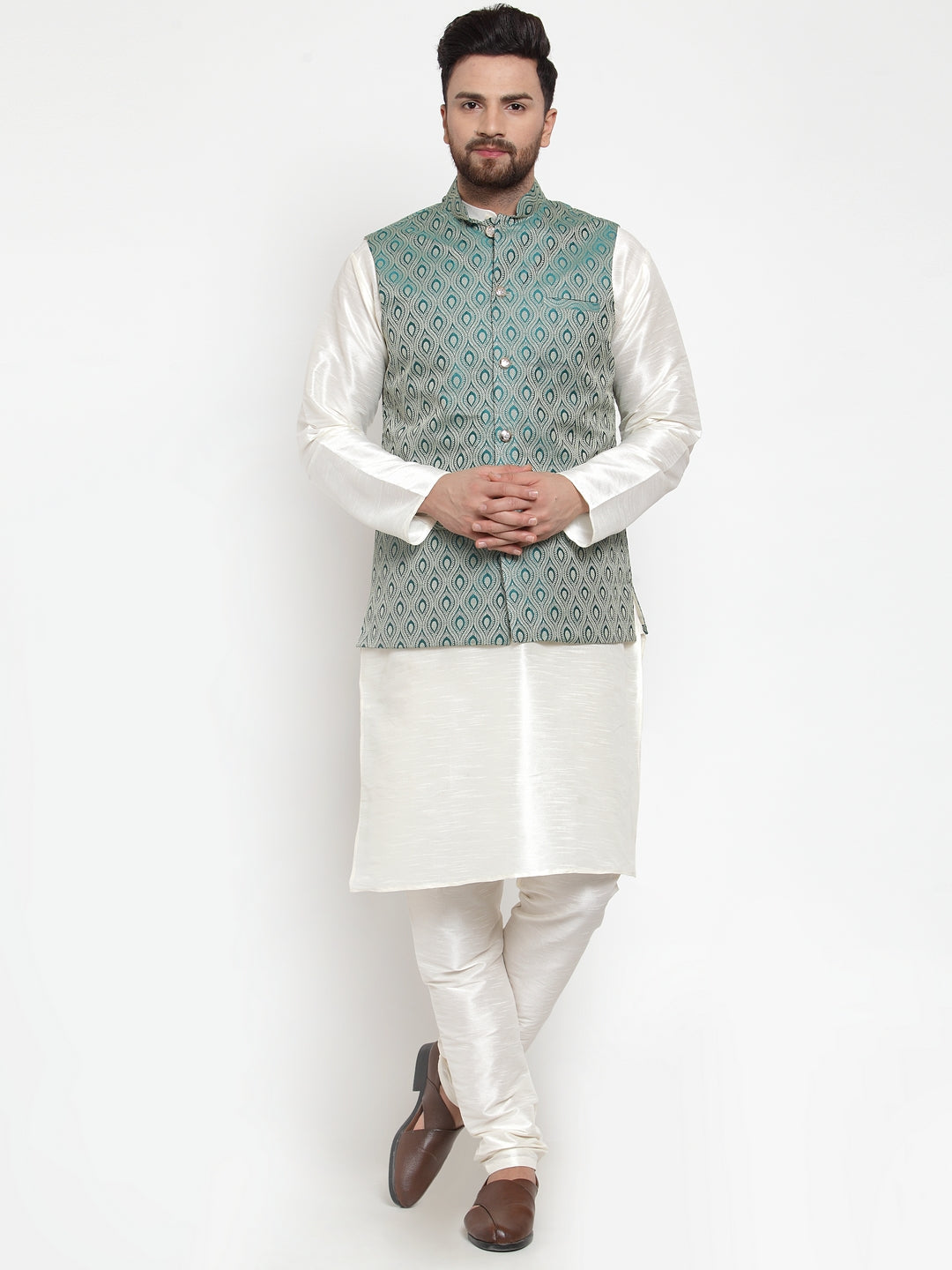 Jompers Men Solid Dupion Kurta Pajama with Woven Jacquard Waistcoat (Green) | Swadesiicart